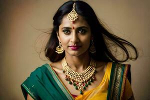 a beautiful indian woman wearing a traditional sari. AI-Generated photo