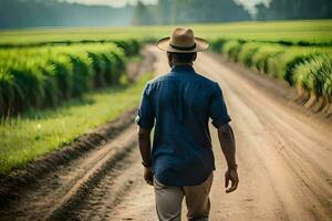 un hombre en un sombrero camina abajo un suciedad la carretera. generado por ai foto