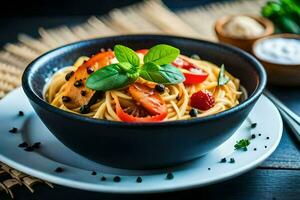 spaghetti with tomatoes and basil leaves in a black bowl. AI-Generated photo