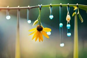 a yellow flower hangs from a string with blue drops. AI-Generated photo