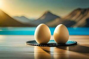 two eggs on a plate with mountains in the background. AI-Generated photo