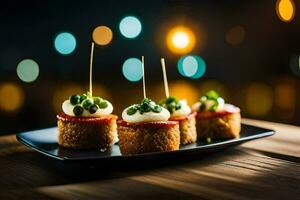 pequeño aperitivos en un negro plato con palillos de dientes generado por ai foto