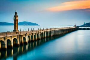 a long pier with a clock tower in the background. AI-Generated photo
