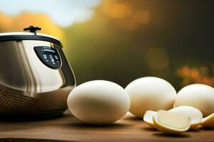 an electric pressure cooker with eggs on a table. AI-Generated photo