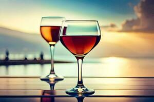 two wine glasses on a table with a sunset in the background. AI-Generated photo