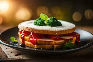 a sandwich with broccoli and strawberries on a plate. AI-Generated photo