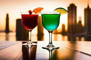 two glasses of colorful drinks with city skyline in background. AI-Generated photo