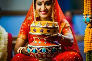 un mujer en tradicional indio atuendo participación un maceta. generado por ai foto