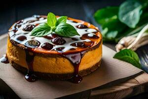 a cheesecake with cherry sauce and basil leaves. AI-Generated photo