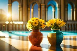 two vases with sunflowers sitting on a table. AI-Generated photo