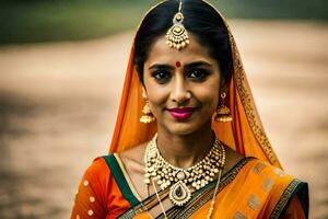 a beautiful indian woman wearing a sari and jewelry. AI-Generated photo