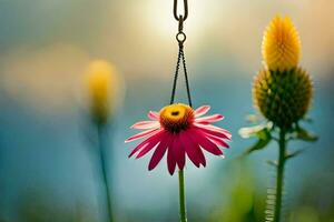 a pink flower is hanging from a hook in the grass. AI-Generated photo