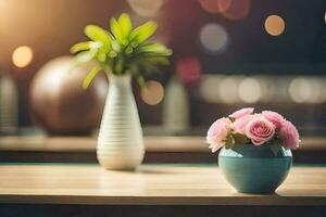 un florero con rosado rosas sentado en un mesa. generado por ai foto