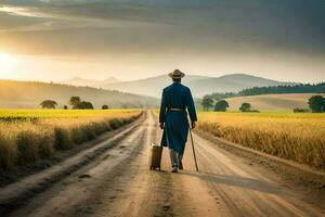 a man in a blue suit walking down a dirt road with a suitcase. AI-Generated photo