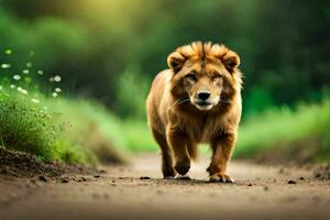 un león caminando abajo un suciedad la carretera en el medio de un campo. generado por ai foto