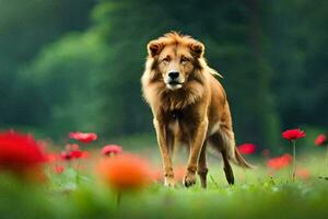 un león caminando mediante un campo de rojo flores generado por ai foto