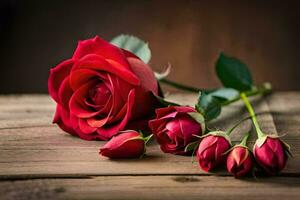 red roses on a wooden table. AI-Generated photo