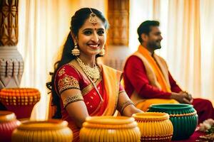 a beautiful indian bride and groom sitting in front of colorful pots. AI-Generated photo