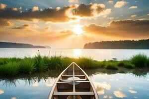 a canoe on the lake at sunset. AI-Generated photo