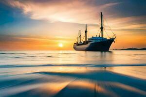 a boat is sailing on the ocean at sunset. AI-Generated photo