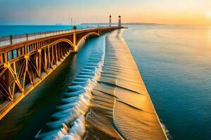 el Dom conjuntos terminado un muelle y ondas. generado por ai foto