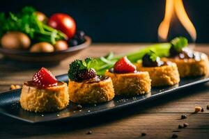 pequeño aperitivos en un negro plato con un fuego. generado por ai foto