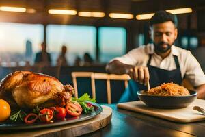 a man is preparing a turkey on a table. AI-Generated photo