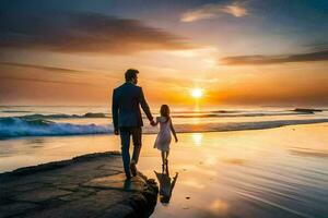 a father and daughter walking on the beach at sunset. AI-Generated photo