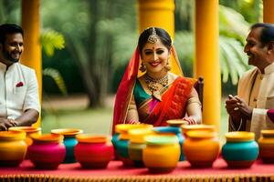 a bride and groom are sitting at a table with colorful pots. AI-Generated photo