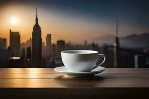 coffee cup on the table with cityscape in the background. AI-Generated photo