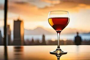 a glass of wine on a table in front of a cityscape. AI-Generated photo