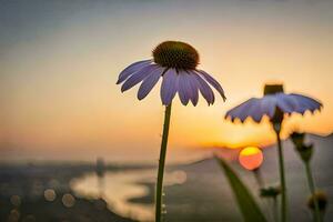 two purple flowers are standing in front of a sunset. AI-Generated photo
