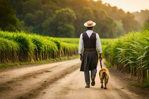 a man walking his dog down a dirt road. AI-Generated photo