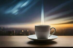 a cup of coffee on a table with a city in the background. AI-Generated photo