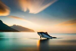 un pescado es en pie en el agua a puesta de sol. generado por ai foto