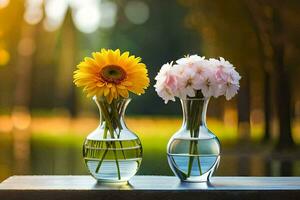 two vases with flowers in them on a table. AI-Generated photo