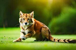 a red fox running on the grass. AI-Generated photo