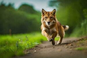 a red wolf running on a dirt road. AI-Generated photo