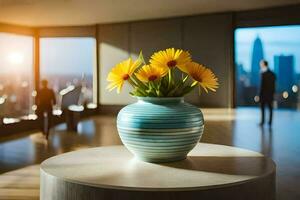 a vase with yellow flowers sitting on a table in front of a window. AI-Generated photo