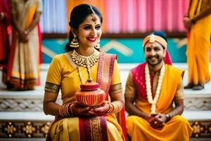 a beautiful bride and groom in traditional indian attire. AI-Generated photo