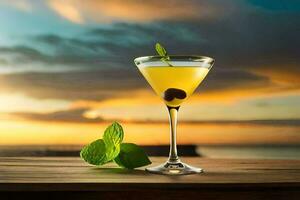a cocktail with mint leaves on the table in front of the sunset. AI-Generated photo
