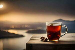 a cup of tea sits on a wooden table overlooking a lake. AI-Generated photo