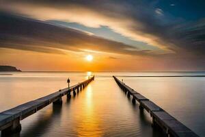 a long pier in the ocean at sunset. AI-Generated photo