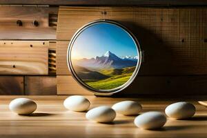 eggs on a table in front of a mirror. AI-Generated photo