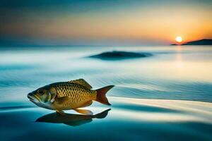 un pescado es en pie en el playa a puesta de sol. generado por ai foto