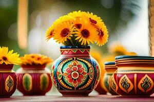colorful vases with yellow flowers sitting on a table. AI-Generated photo