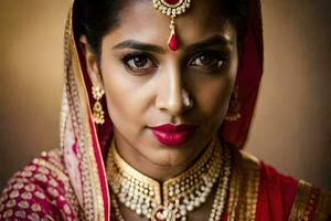 a beautiful indian woman wearing a traditional bridal outfit. AI-Generated photo