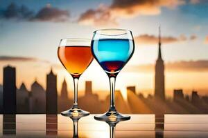 two wine glasses with colored liquid on a table in front of a city skyline. AI-Generated photo