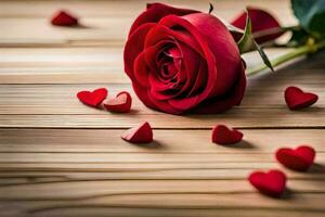 a single red rose on a wooden table with hearts. AI-Generated photo