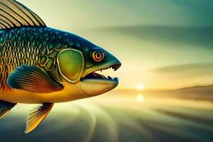 un pescado con un grande boca es mostrado en un puesta de sol. generado por ai foto